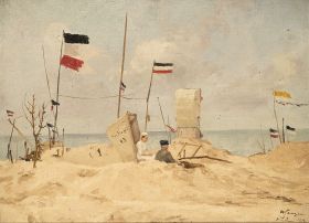 Strandszene mit Kaiserfahnen an der Nordsee