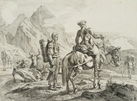 "Auf der Scheideck", Reiter und Senner im Gebirge