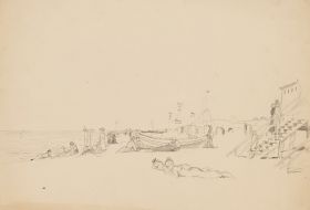 Strandszene mit Booten und Figuren