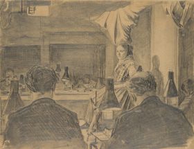 Zeichenklasse mit Dame in Tracht