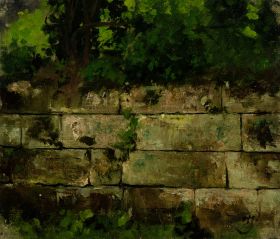 Naturstück. Steinmauer von Gräsern bewachsen