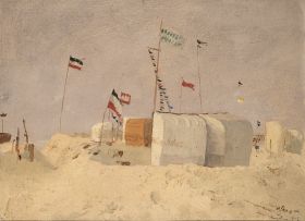 Strandkabinen mit Flaggen auf der Nordseeinsel Amrum