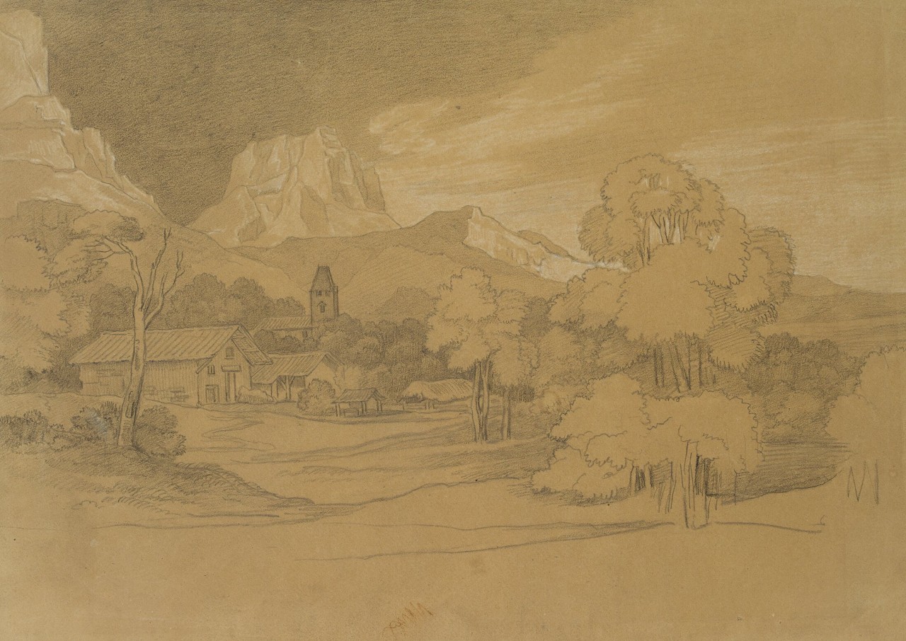 Gehöft vor Gebirge, Italien