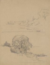 Zweiteilige Landschaftsstudie mit Hafen und Haus