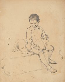 Knabe mit Hund auf dem Schoß