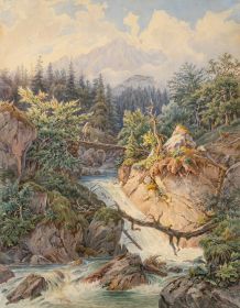 Steg mit Wanderer über Wildbach bei Ramsau