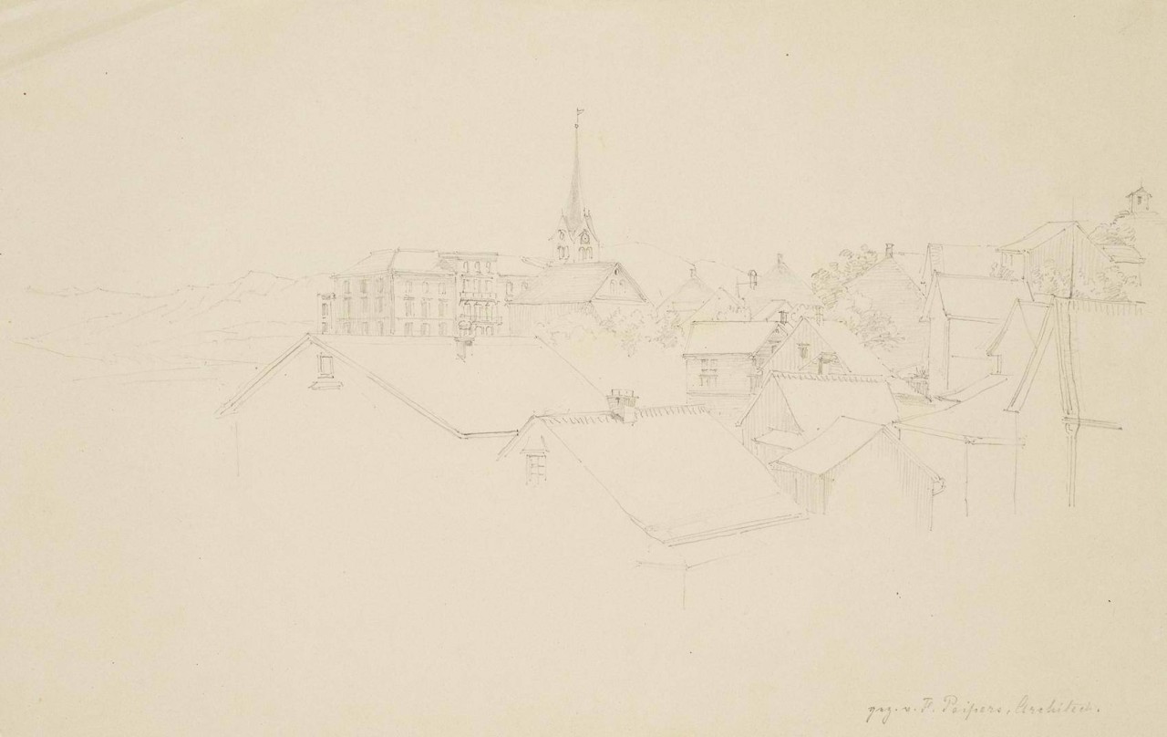 Dächer und Kirchturm eines Ortes