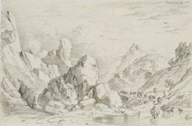 Felsige Landschaft mit Viehherde