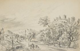 Hügelige mediterrane Landschaft mit Hirte