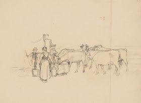 Bäuerinnen mit Rindern an der Tränke