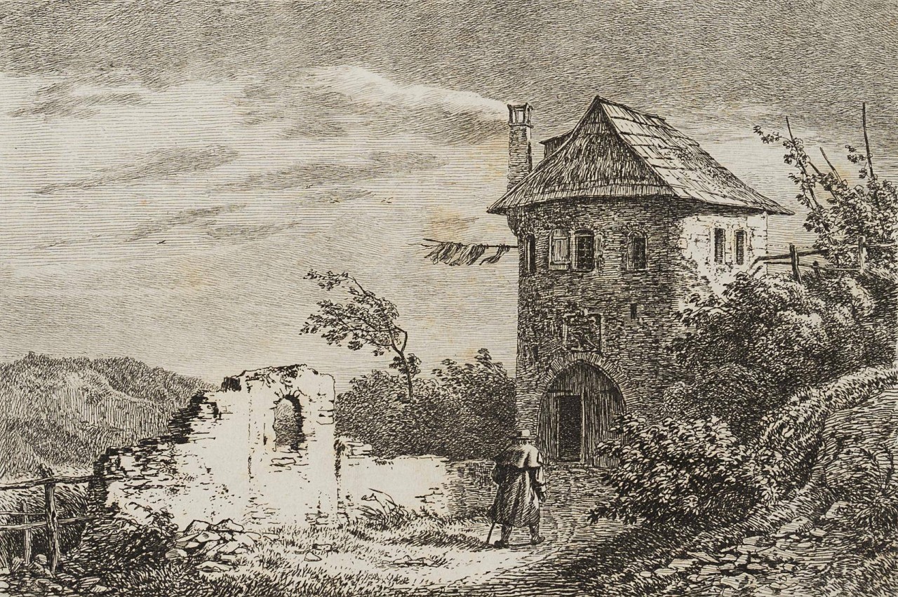 Heimkehrender Wanderer an alter Burg