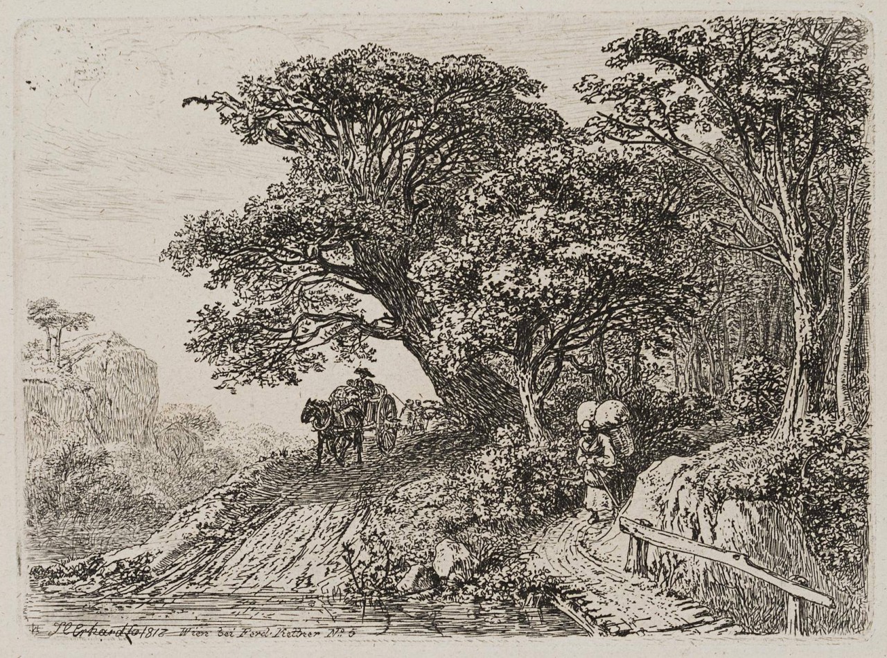 Wanderer und Karren am Waldrand