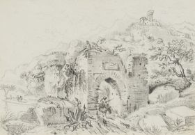 Bergige Landschaft mit Ruine
