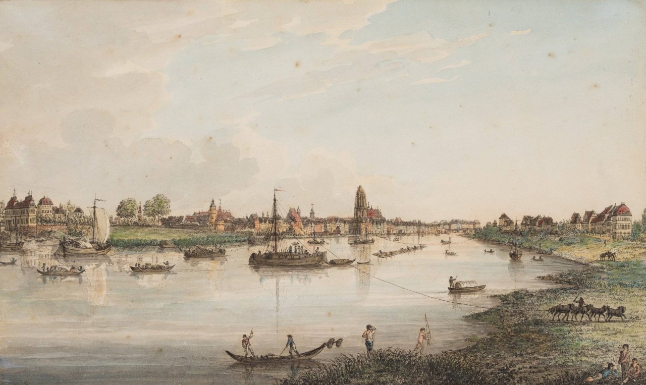 Ansicht von Frankfurt am Main mit Treidelschiffern