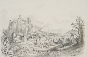 Italienische Stadt vor Gebirgskette