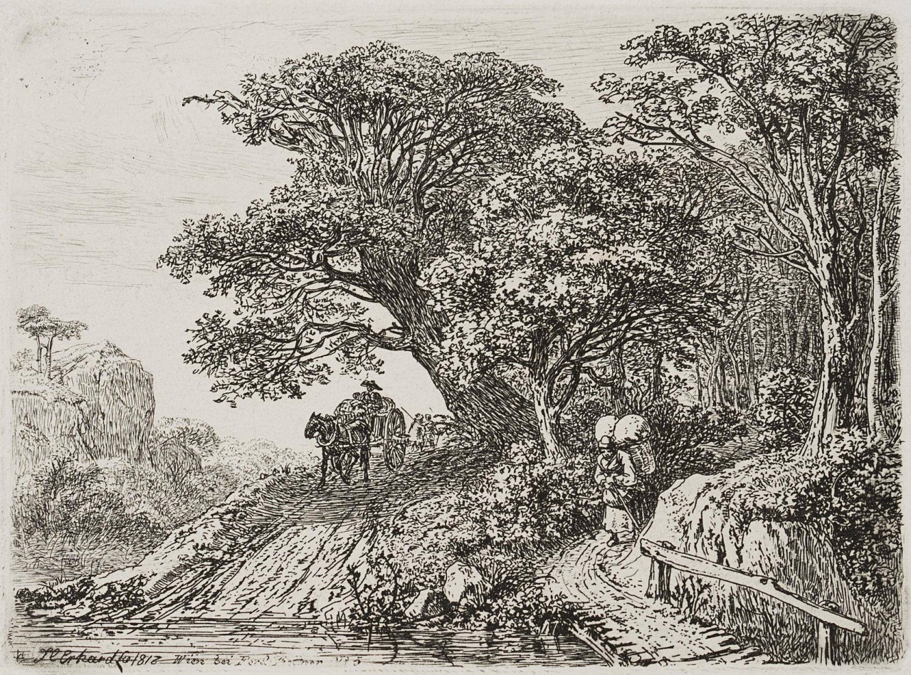 Wanderer und Karren am Waldrand
