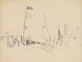 Vorzeichnung: Strand mit Badegästen und Flaggen