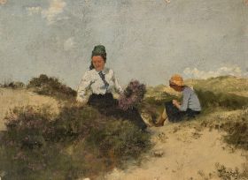 Frauen beim Heidekrautsammeln in den Dünen