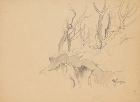 Waldstudie mit Felsenkante und kahlen Bäumen